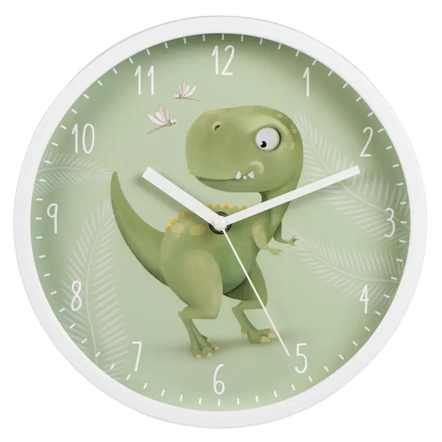 hama-happy-dino-kinder-wanduhr-25-cm-gr-n-lautlose-analoge-lernuhr image 1