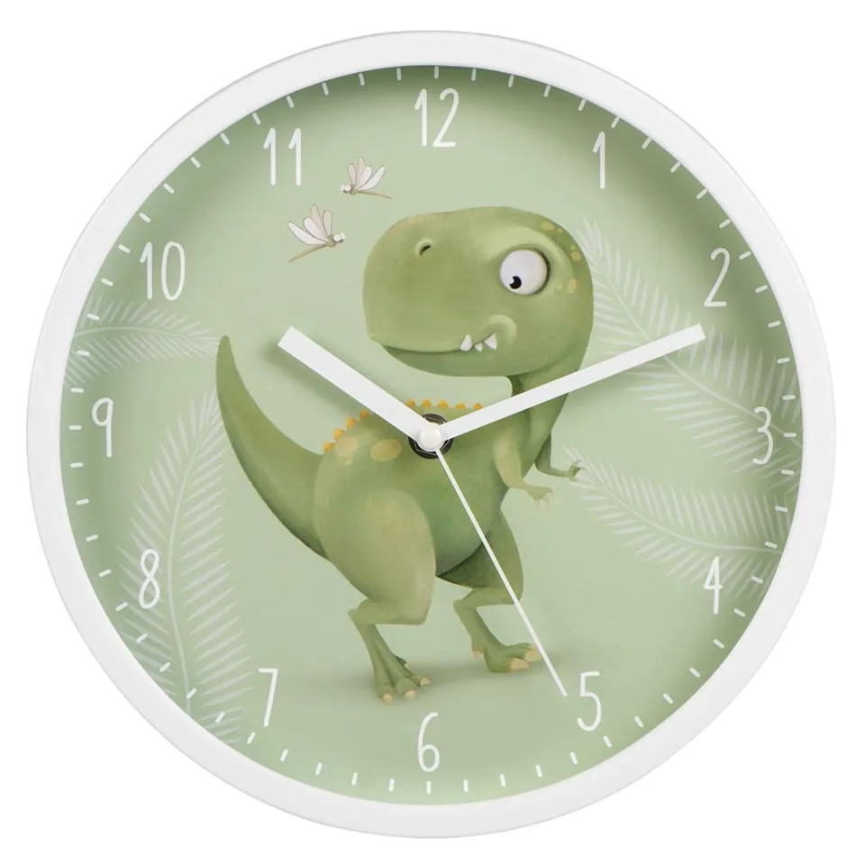 hama-happy-dino-kinder-wanduhr-25-cm-gr-n-lautlose-analoge-lernuhr image 1