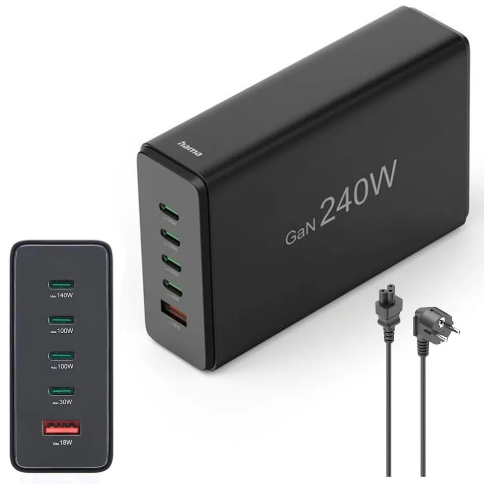 hama-240w-gan-ladestation-mit-5-ports-4x-usb-c-1x-usb-a-pd-3-0-qc-3-0-kompatibel image 1