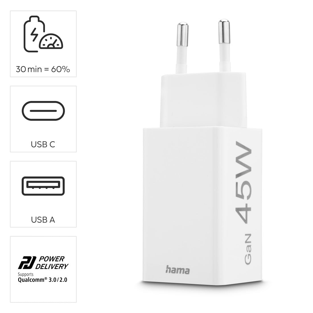 hama-45w-gan-schnellladeger-t-usb-c-usb-a-power-delivery-quick-charge-3-0-kompak image 2