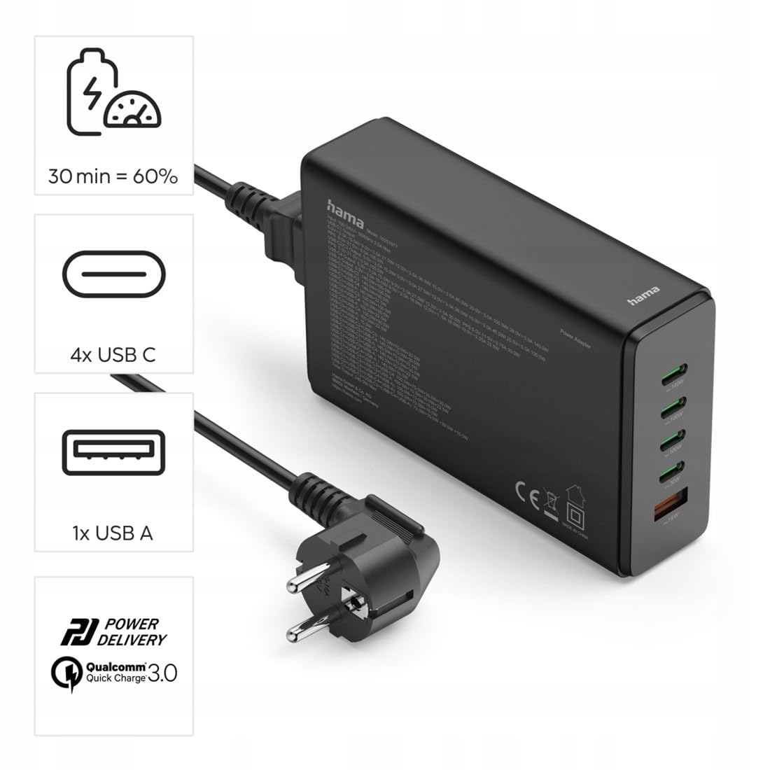 hama-240w-gan-ladestation-mit-5-ports-4x-usb-c-1x-usb-a-pd-3-0-qc-3-0-kompatibel image 2