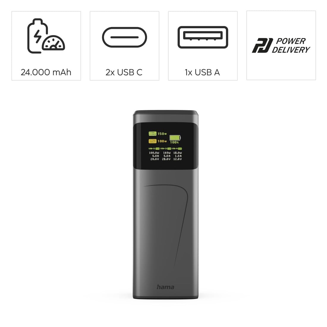 hama-high-power-powerbank-150w-24000-mah-power-delivery-quick-charge-2x-usb-c-1x image 2