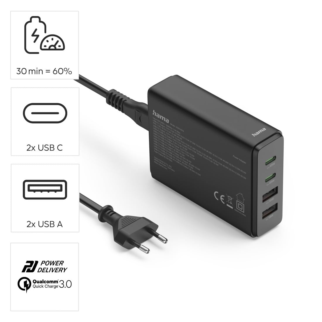 hama-65w-gan-usb-c-ladestation-4-fach-2x-usb-c-pd-2x-usb-a-qc-schwarz-schnelllad image 2