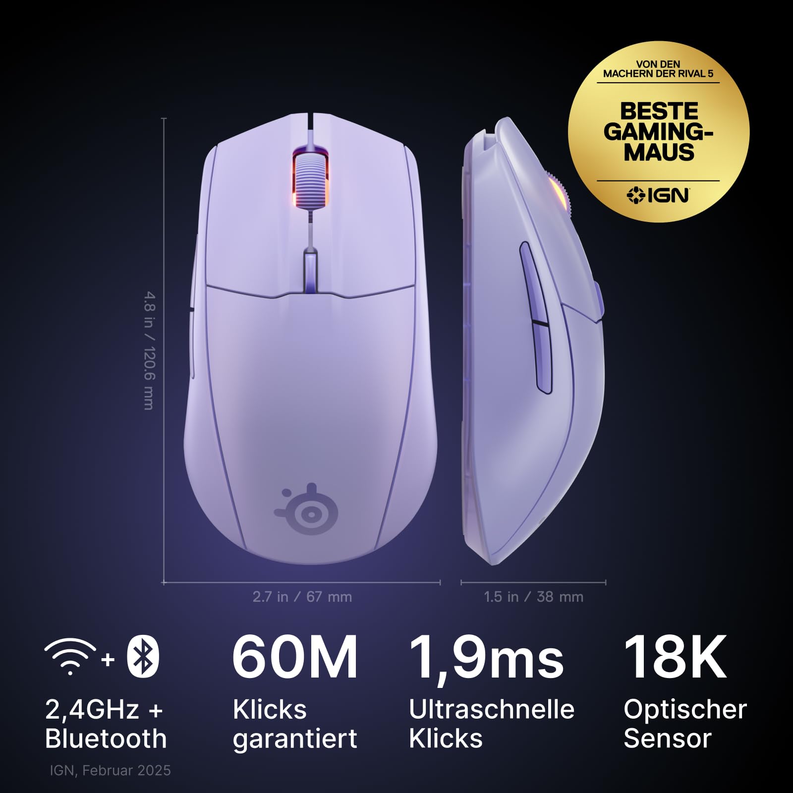 steelseries-rival-3-wireless-gen-2-gaming-maus-18-000-dpi-bluetooth-2-4ghz-laven image 2