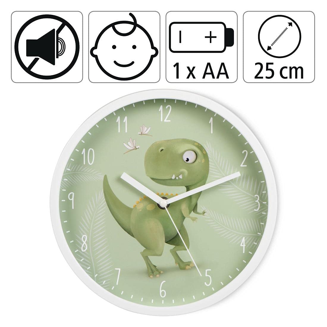 hama-happy-dino-kinder-wanduhr-25-cm-gr-n-lautlose-analoge-lernuhr image 3