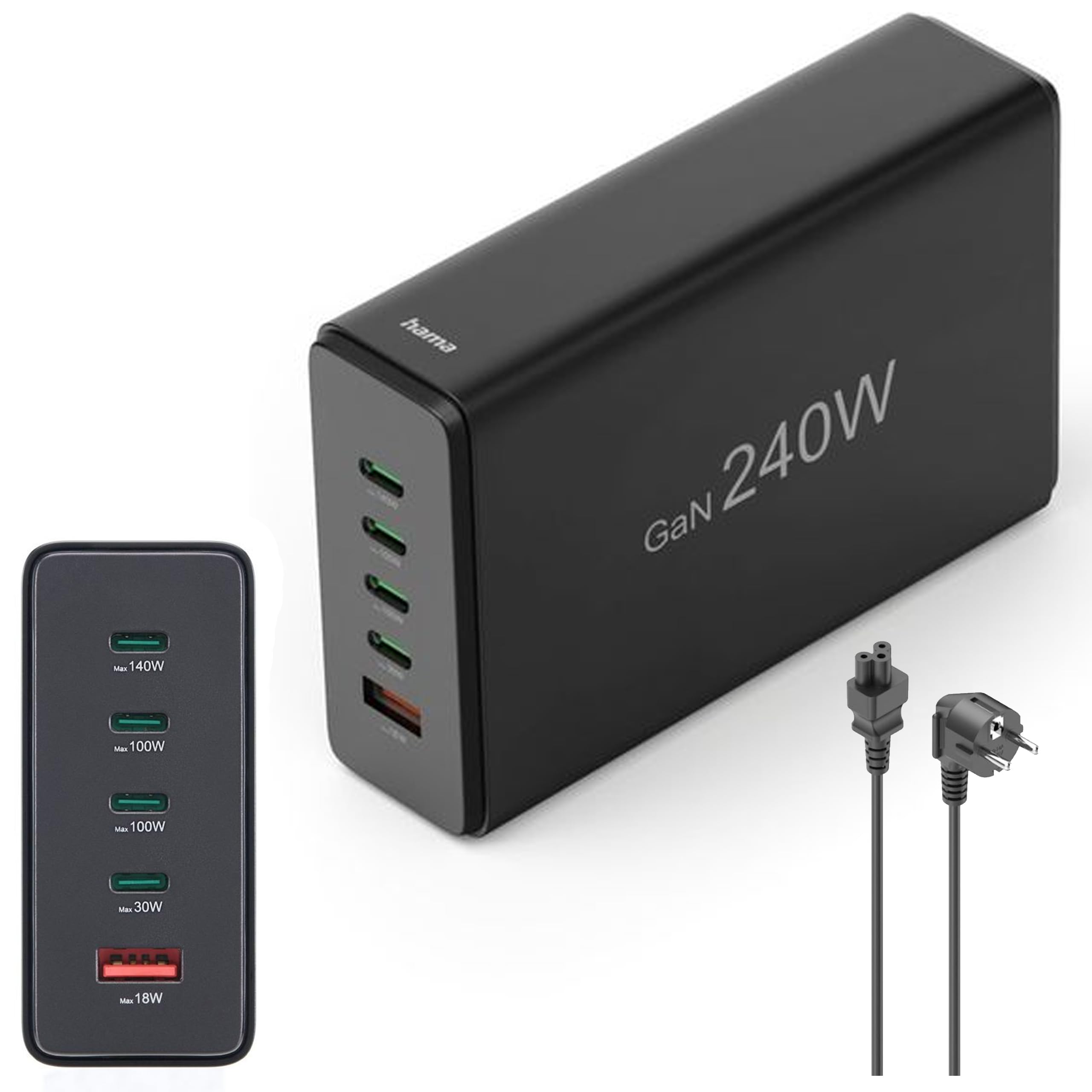 hama-240w-gan-ladestation-mit-5-ports-4x-usb-c-1x-usb-a-pd-3-0-qc-3-0-kompatibel image 1