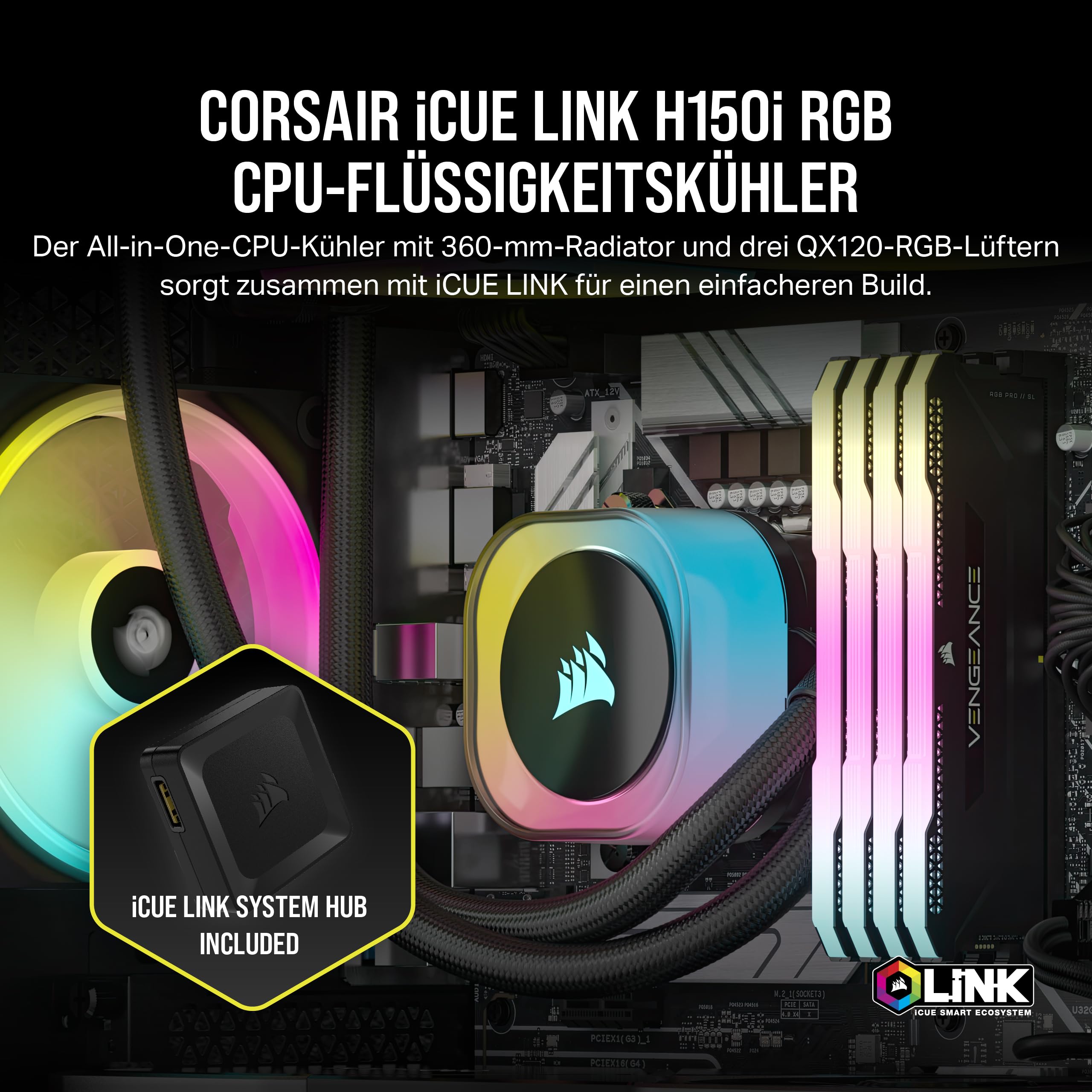 corsair-icue-link-h150i-rgb-fl-ssig-cpu-k-hler-360mm-aio-qx120-rgb-l-fter-icue-l image 2
