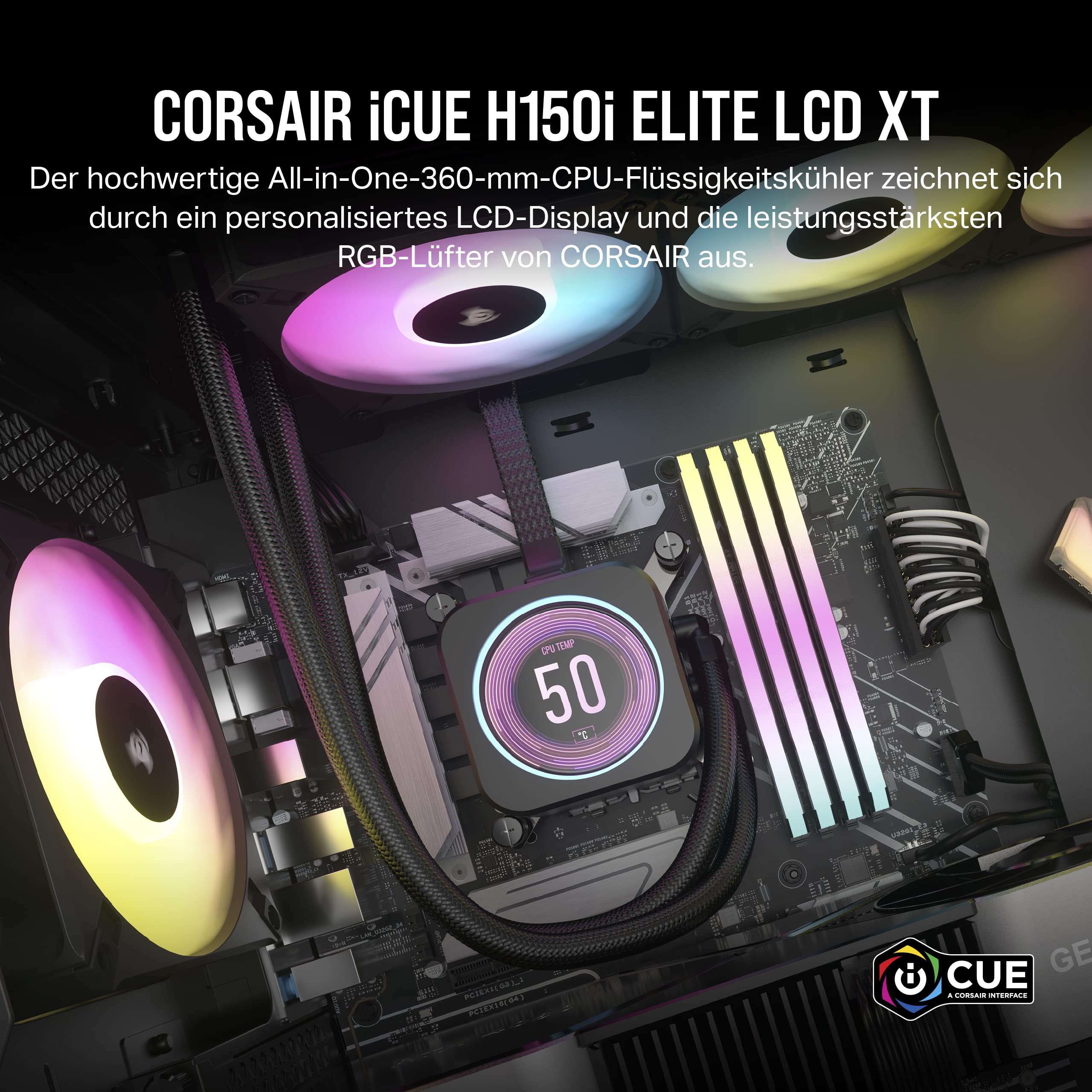 corsair-icue-h150i-elite-lcd-xt-fl-ssig-cpu-k-hler-360mm-ips-lcd-3x-af120-rgb-el image 2