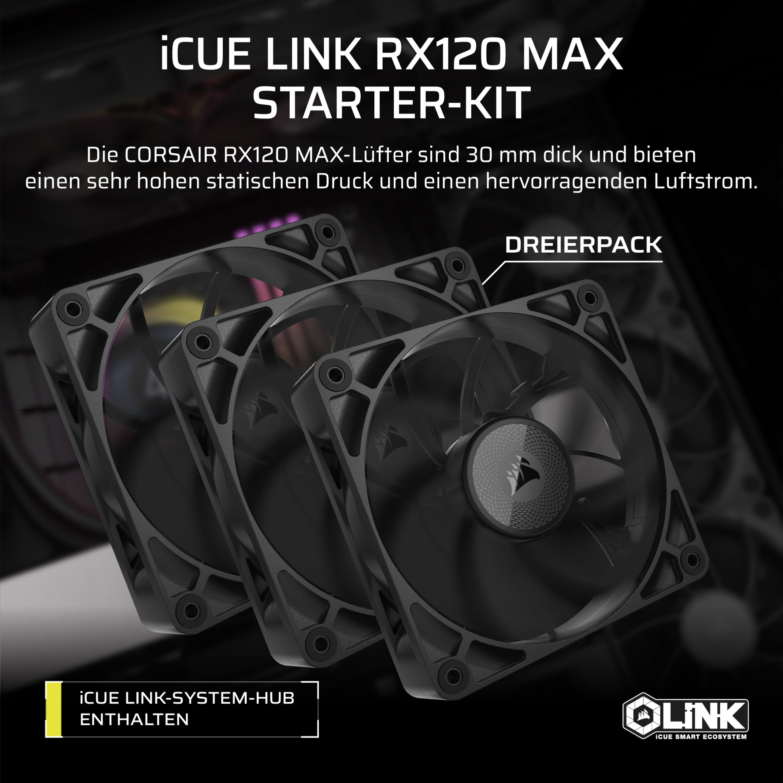corsair-icue-link-rx120-max-120mm-pwm-l-fter-mit-system-hub-3er-pack-schwarz image 2